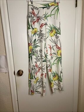 Zara White Wide-Leg Tropical Yellow/Green Floral Pants